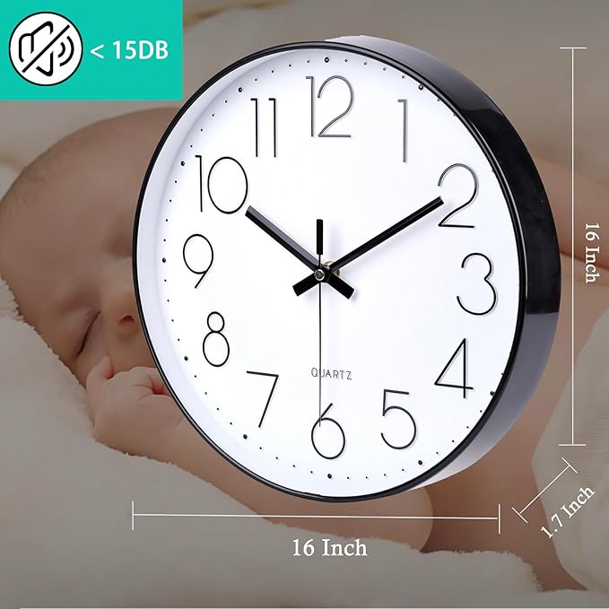 jomparis 16 Inch Large Wall Clock Silent Modern Style for Living Room Office (Black)