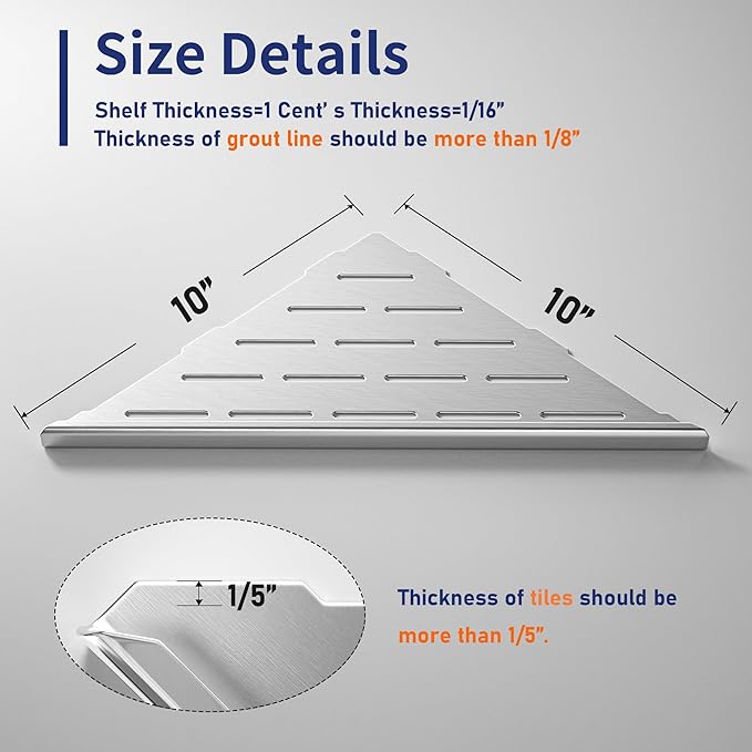 Corner Shower Shelf 10" Brushed 304 Stainless Steel Slot Design Recessed Corner Shelf Bathroom Shelf Rack for Tiled Wall