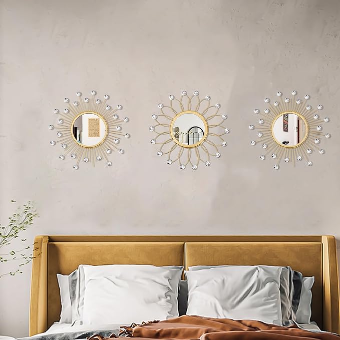 3 Pack Metal Mirrors for Wall Sunburst Wall Mirrors Home Décor Decorative Hanging Wall Art for Living Room Bedroom Entryway (Gold Crystal, Flower+Sunburst)