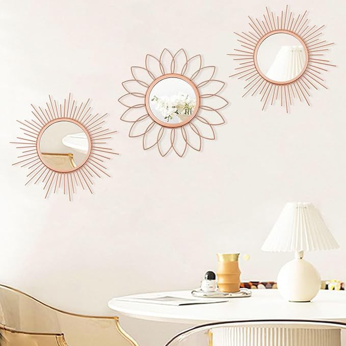 3 Pack Metal Mirrors for Wall Sunburst Wall Mirrors Home Décor Decorative Hanging Wall Art for Living Room Bedroom Entryway (Rose Gold, Flower+Sunburst)
