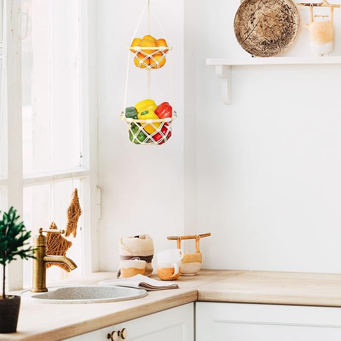 2 Tier Macrame Hanging Fruit Basket, Boho Vegetable Holder for Kitchen Food Storage with Hook, Bohemian Cotton Produce Multi Organizer, Plant Hanger Decor for Home Living Room Women Christmas Gift