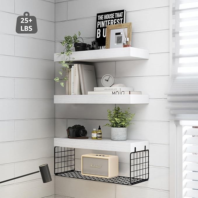 QEEIG Bathroom Shelves Over Toilet - Wall Mounted Floating Shelves Toilet Paper Storage Small Farmhouse Decor Shelf 16 inch Set of 3, White and Black (019-WB3)