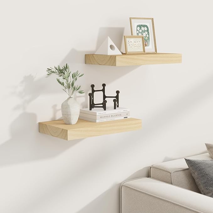 Fun Memories Deep Floating Shelves 16 Inch Long, Natural Wood Floating Shelf for Wall, Set of 2, Rustic 9 Inch Deep Wall Shelves, Deep Bathroom Shelves for Storage & Display, Natural Color
