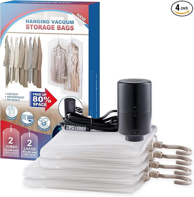 Hanging Vacuum Storage Bags, 4 Pack Hanging Storage Bags for Clothes With Electric Pump, Vacuum Sealed for Suits, Dress, Jackets (2 Long, 2 Short)