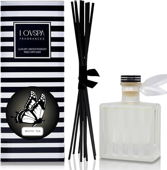 LOVSPA White Tea Reed Diffuser – Scented Sticks Set - Soothing White Tea Scent Infused with Notes of Woody Cedar and Vanilla - Air Freshener for Large Rooms - Made in The USA