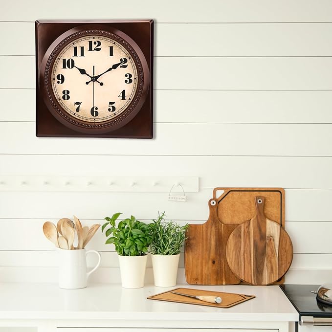 Wall Clock Vintage 1950s Style - Square Retro 12 Inch Wall Clocks Battery Operated for Kitchen Home Decor, Cherry Red