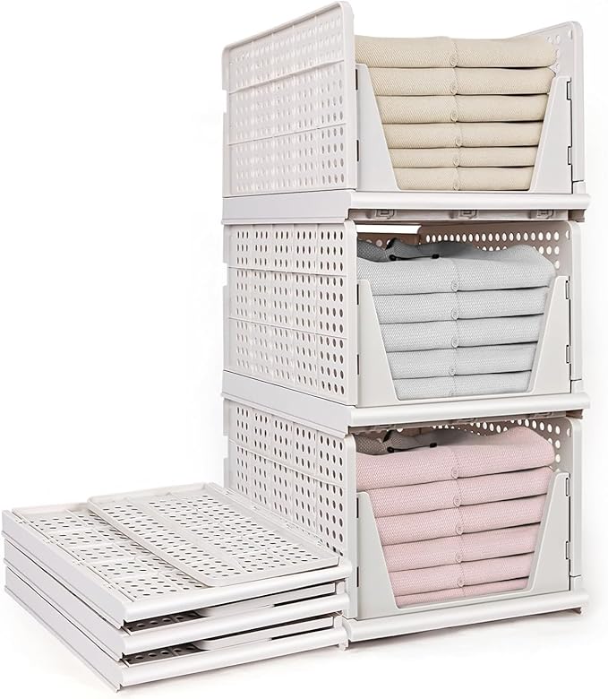 yazi 3 Pack XL Folding Closet Organizers Storage Box, Stackable Closet Storage Box, XL Plastic Drawer Organizer, 3XL Stackable Storage Bins Storage Drawers for Clothing, Closet Shelf Organizer