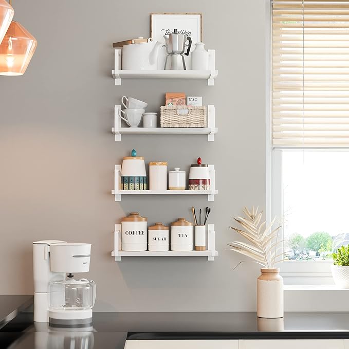 Wallniture Toledo 17" Floating Shelves for Wall, Bookshelf Living Room Decor, Kitchen Organization, Bathroom Shelves, 17" Office Wall Shelf Set of 4 White