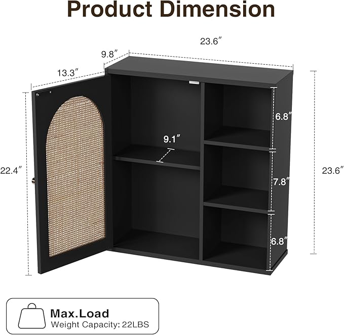 Rattan Bathroom Wall Cabinet, Boho Medicine Wall Cabinets with Door and Adjustable Shelves, Tall Kitchen Wall Mounted Storage Cabinet, Floating Hanging Cabinet Space Saver for Laundry Room,Black
