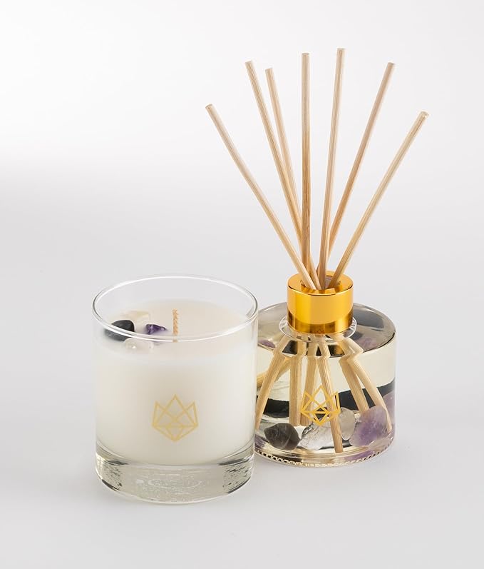 Luxury Candle & Diffuser Set, Transformation - Amethyst, Black Tourmaline & Clear Quartz Crystal Infused - Scents of Jasmine, Bergamot, Vanilla, & Cedar