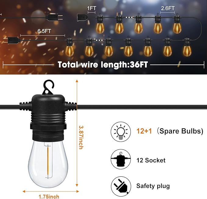 LED Outdoor String Lights 36FT Patio Lights with 13 Shatterproof S14 Replaceable Bulbs(1 Spare), Outside Hanging Lights Waterproof for Porch, Deck, Garden, Backyard, Balcony, 2700K Dimmable