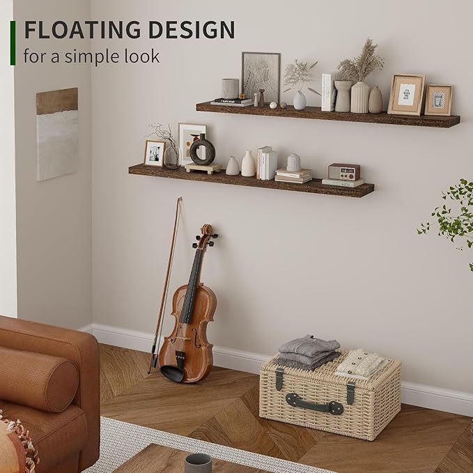 Marsmiles Wood Floating Shelves for Wall Set of 2, 48 Inch Wide Rustic Wooden Floating Shelves, Invisible Wall Mounted Display for Living Room Bedroom Kitchen Bathroom Office, Rustic Brown