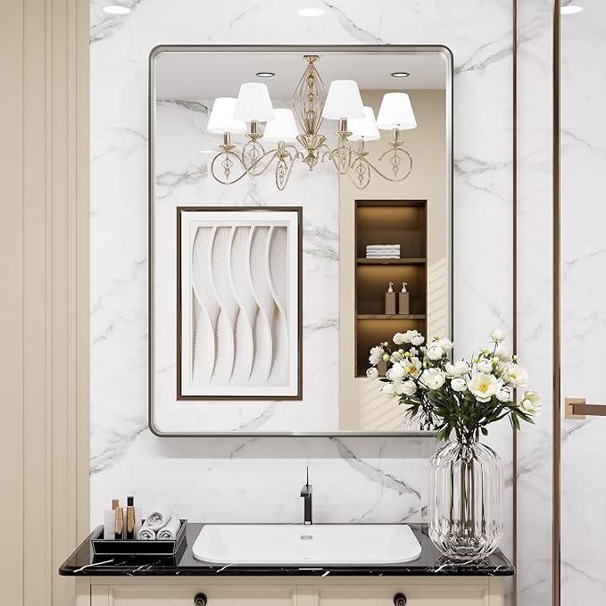 LOAAO 28X36 Inch Brushed Nickel Bathroom Mirror, Rounded Rectangle Silver Metal Frame Mirror, Brushed Nickel, Anti-Rust, Shatter Proof, Hangs Horizontally or Vertically