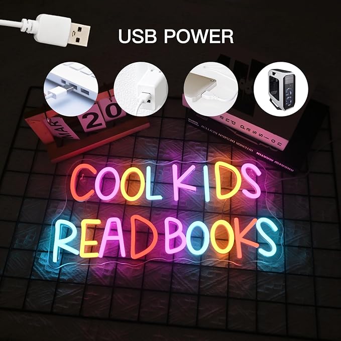 Cool Kids Read Books Neon Sign Reading Corner for Kids Neon Signs for Wall Decor LED Light Library Classroom Book Club Christmas Gift for Kids & Teens(5V2A)