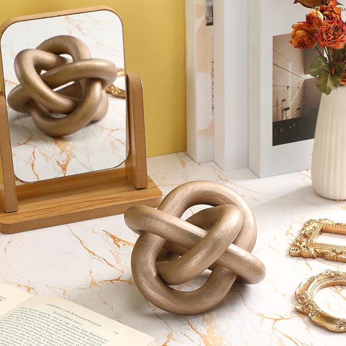 Yalikop 3 Link Wood Knot Decor - Hand Carved Coffee Table Decoration, Boho Chain Link Decor, Modern Shelf, Rustic Objects for Home Living Room Bedroom(Champagne)