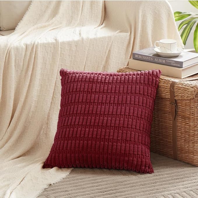 Fancy Homi 4 Packs Burgundy Decorative Throw Pillow Covers 16x16 Inch for Living Room Couch Bed, Holiday Christmas Home Decor Gift, Soft Plush Corduroy Cute Square Accent Cushion Case 40x40 cm