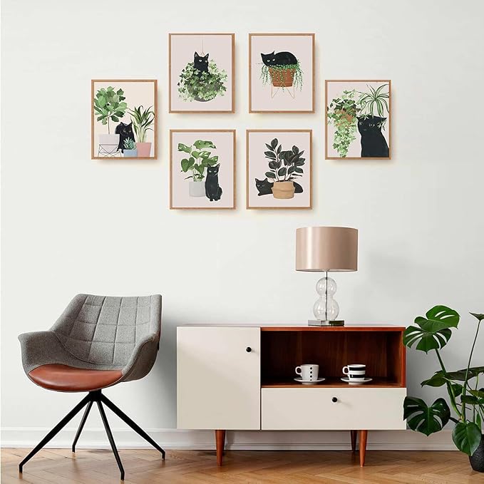 6pcs Cute Black Cat Botanical Wall Art, Green Leaves Plants Boho Wall Art Canvas Paintings, Minimalist Aesthetic Poster Prints Wall Decor Pictures for Living Room Bedroom Office, Unframed (8"x10")