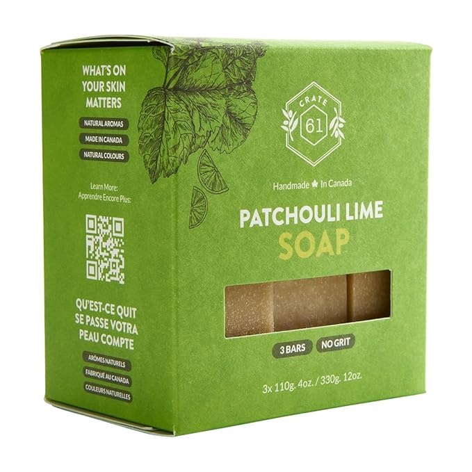 Handmade in Canada, Plant Based Cold Process Natural Bar Soap For Face And Body, With Premium Essential Oils, Eucalyptus & Peppermint For Men And Women 3 Pack (Patchouli Lime)