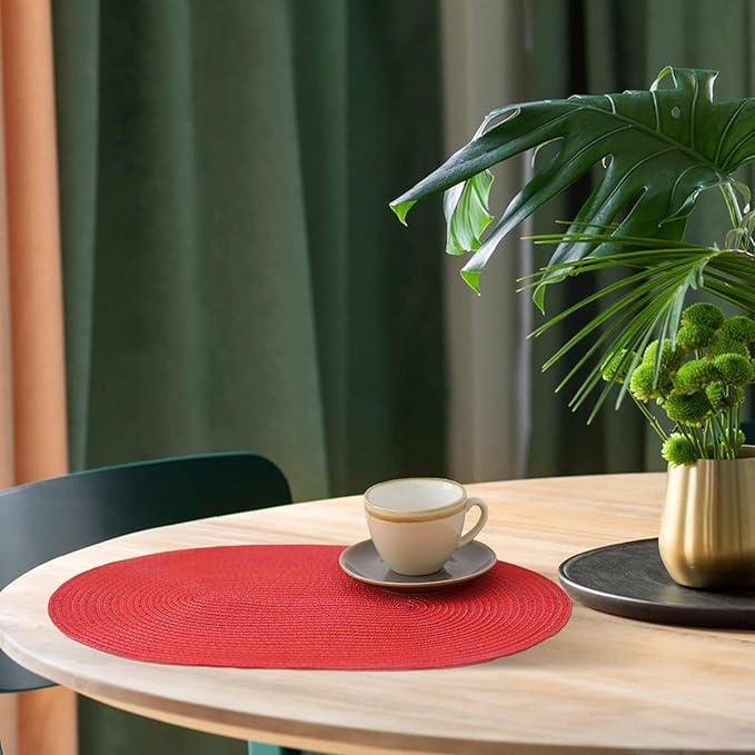 Noctiflorous Oval Braided Placemats Set of 6 Woven 12x18 Inch Non Slip Washable Heat Resistant Place Mats Round Tablemats for Dining Kitchen Party Daily Table Decor Dinner Mats (05 Red Shine, 6)