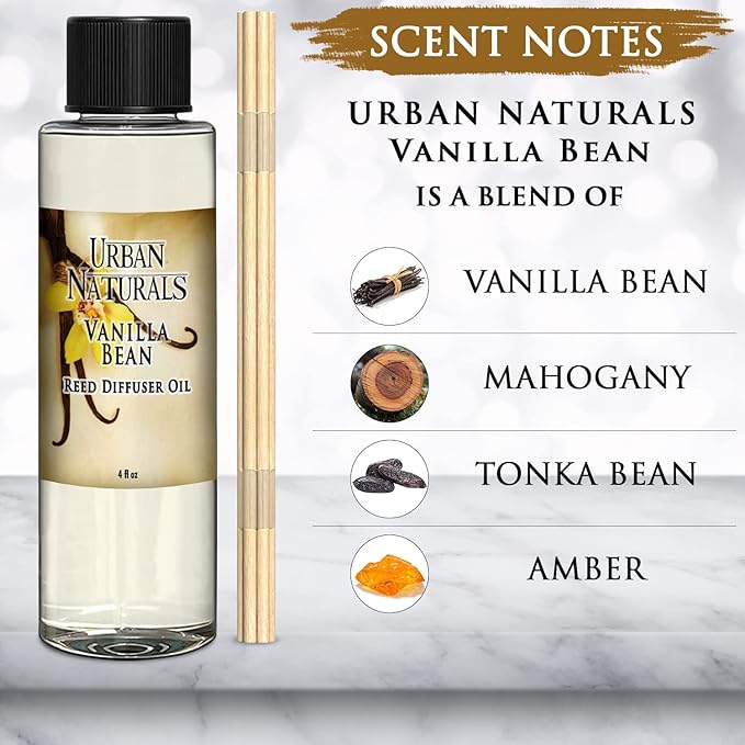 Urban Naturals Vanilla Bean Reed Diffuser Refill, 4 oz, Bundle with Vanilla Bean Reed Diffuser Set - Made with Essential Oils in The USA