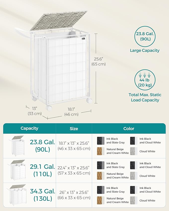 SONGMICS Laundry Hamper, 90L Laundry Basket with Lid, Clothes Hamper with Wheels, Collapsible Removable Liner Bag, Iron-Made Laundry Sorter, Cloud White ULCB290W01