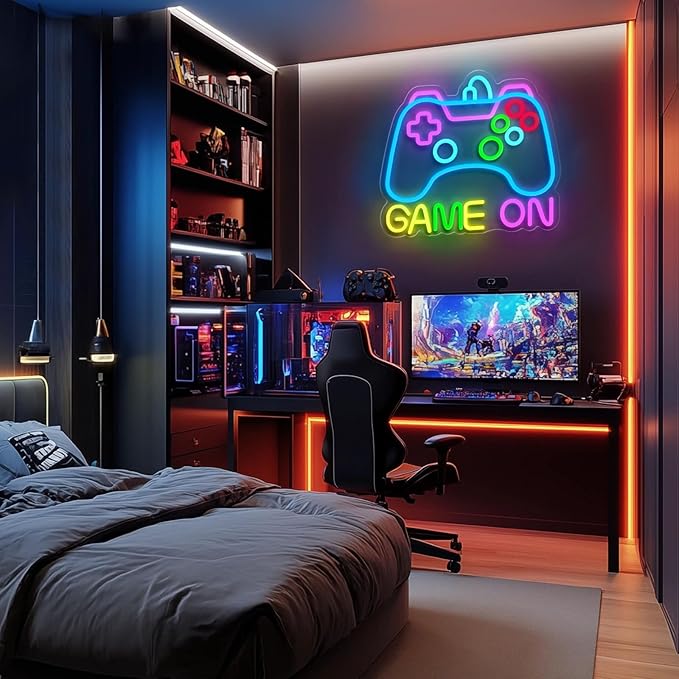 Game On Neon Sign for Gamer Wall Decor, USB Powered Dimmable Colorful Led Gaming Neon Signs for Boys Room, Teen Room, Wall Decor, Gamer Gifts for Teen, Men, Boys, Kids