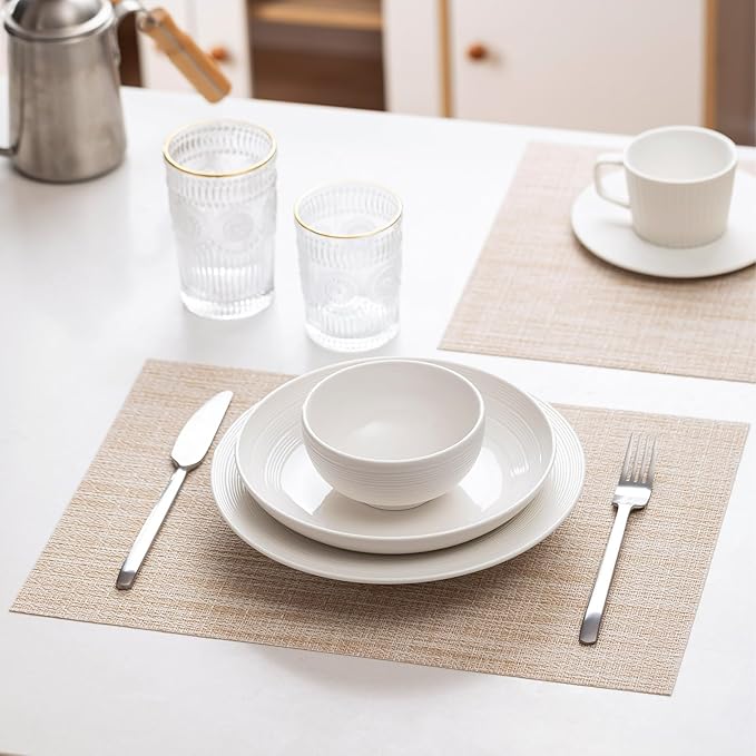 LEXMORE PVC Woven Placemats 6 PCS Wipeable Indoor/Outdoor Table Mats Washable Vinyl Place Mat for Dining Table, Set of 6-Beige White