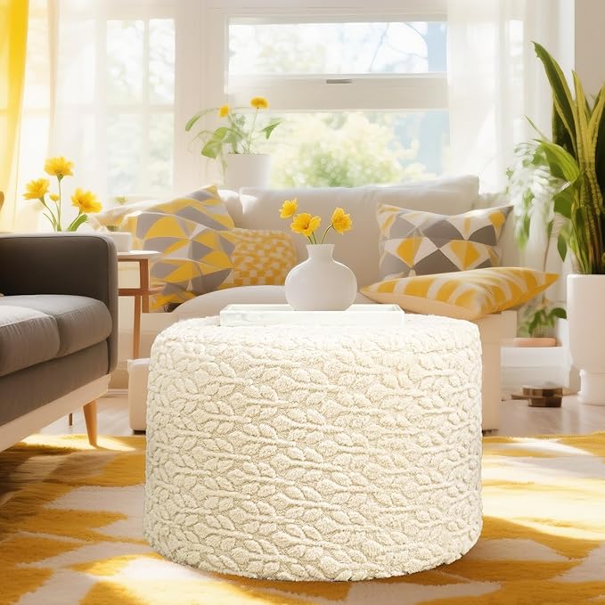 Round Pouf Ottoman Stuffed 20 x 20 x 14 Inches Boho Poof Foot Stool Home Decor Floor Pouffe Ottoman Foot Rest for Couch Sofa Bean Bag Chairs Living Room Bedroom (Linen)