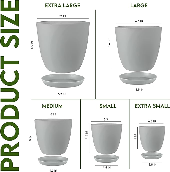 Utopia Home - Plant Pots Indoor with Drainage - 7/6.6/6/5.3/4.8 Inches Home Decor Flower Pots - Pack of 10 Plastic Planters for Indoor Plants, Cactus, Succulents Pot - Grey