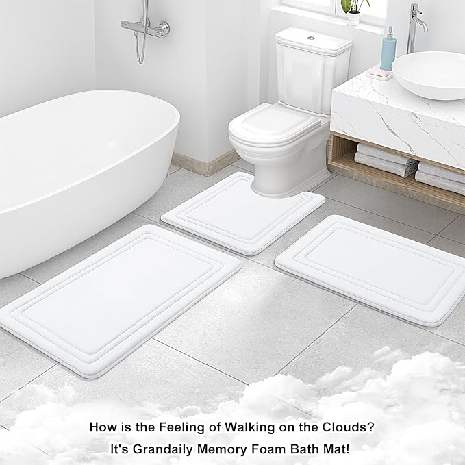 Grandaily Memory Foam Bath Mat Rug 24x16, Ultra Soft, Non-Slip and Absorbent Bathroom Rugs, Machine Wash Dry, Comfortable Bath Carpet for Bathroom Floor, Tub and Shower, White
