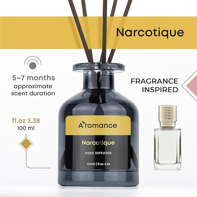 Narcotique Reed Diffuser Set | Floral-Fruity Fragrance | 3.38 oz Scent Fragrance Oil Diffuser for Bedroom, Bathroom, Home Décor and Gift, Decorative Air Fresheners with Sticks