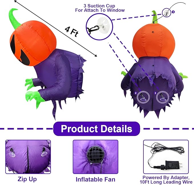 TURNMEON 4 Ft Halloween Inflatable Decorations Outdoor Pumpkin Ghost Broke Out from Window, Blow Up with Build-in LED Lights for Halloween Decorations Outside Indoor Home Party Yard Garden Lawn Decor