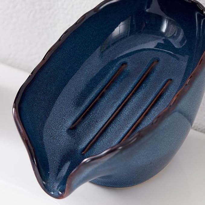 Self Draining Soap Dish, Premium Ceramic Bar Soap Holder, Easy to Clean Keeps Soap Dry, Soap Savers for Bathroom Shower, Kitchen Sink and Countertop (Vintage Blue, 1pc)