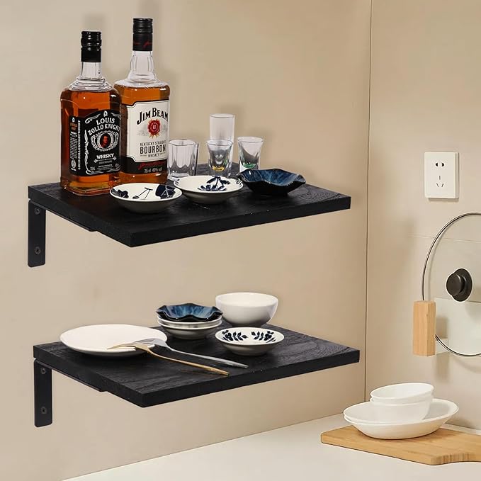 Floating Shelves for Wall,12 Inch Deep Floating Shelf with Brackets,Wood Wall Shelves,Wall Mounted Bookshelf for Living Room,Bedroom,Kitchen,Office,Storage and Display Shelf Set (Black)