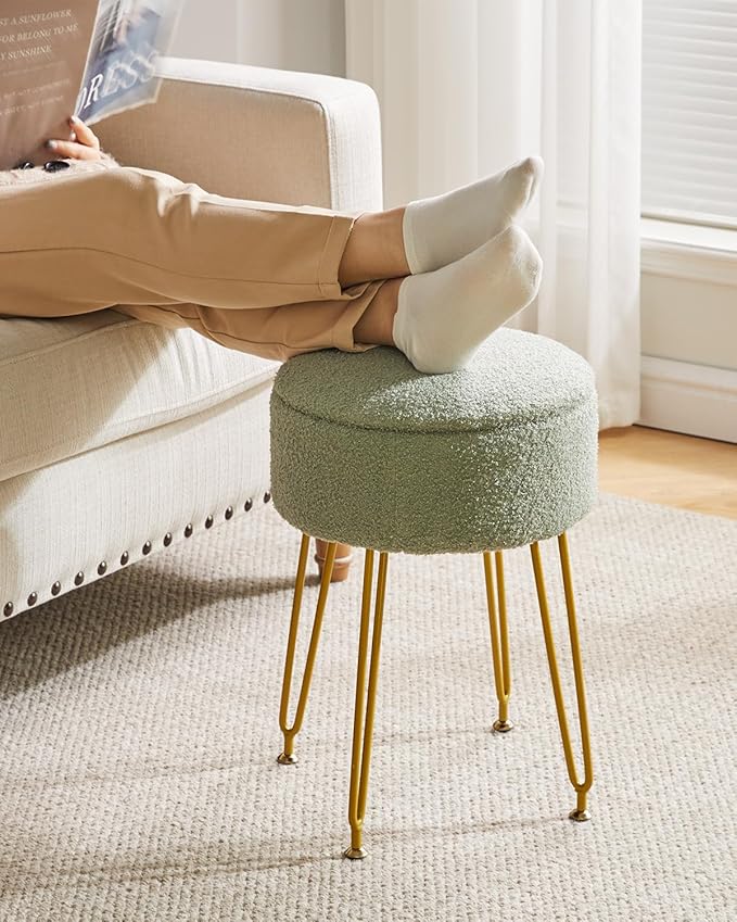 IBUYKE Teddy Velvet Storage Footrest Stool Ottoman, Makeup Vanity Stool Side Table with Removable Cover, Golden Steel Legs, Coffee Table Top Cover, Light Green WBD010D