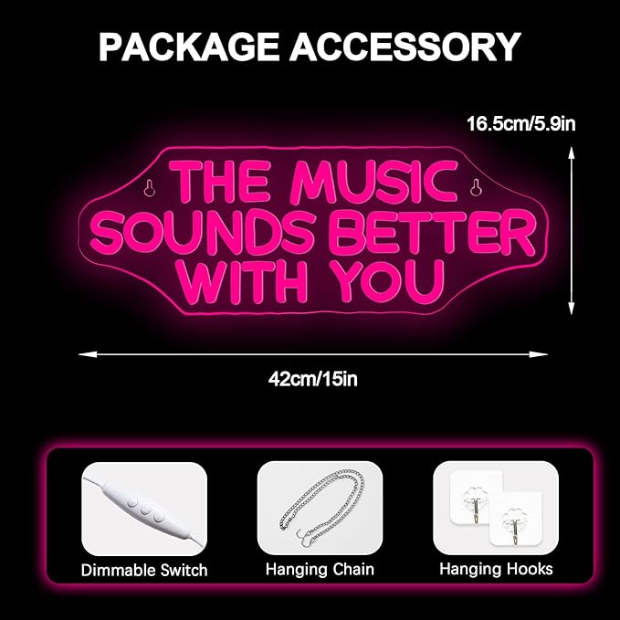 The Music Sounds Better with You Neon Sign,Romance Neon Signs for Wall Decor,Led Neon Sign Aesthetic Room Decor for Teen Girls Neon Lights Signs for Bedroom, Salon, Party Pink Neon Name Sign