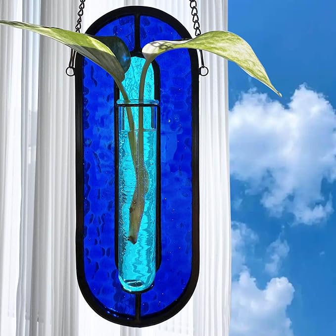 LITMIND Transparent Blue Stained Glass Propagation Station - Handcrafted Suncatcher Hanging Planter with 2 Glass Tubes, Multi-Color Hydroponic Wall Décor for Windows, Home & Garden