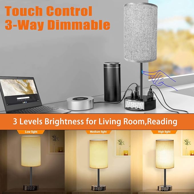 Table Lamp - Bedside Lamp with USB Ports and Outlets, Bedroom Lamp with Alarm Clock Base, 3-Way Dimmable Modern Nightstand Lamps with Round Fabric Lampshade,Touch Lamp for Bedroom Living Room Home