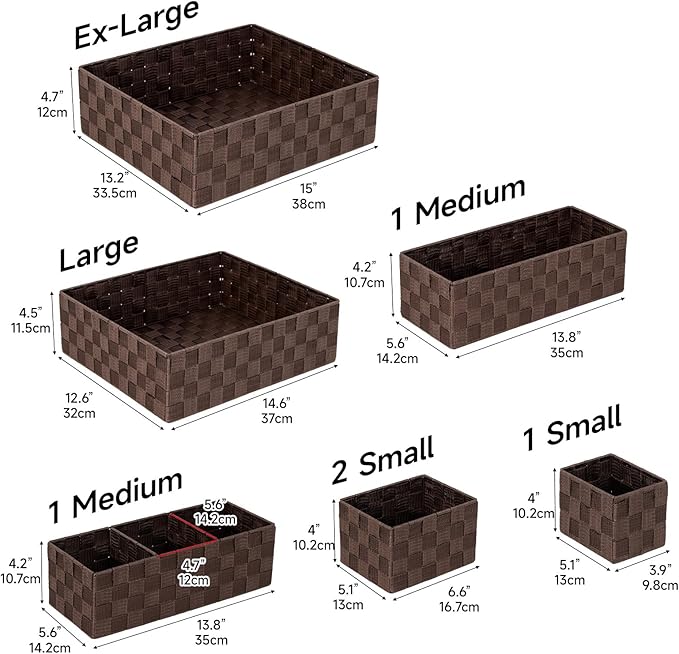 Drawer Organizer, Cube Baskets for Storage Shelves, Handmade Small Woven Basket, Shallow Storage Bins for Organizing Desk, Dresser, Kitchen, Pantry, Nested 7 Pack, Brown