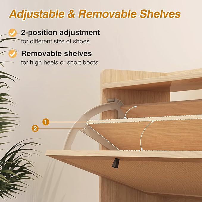 AVZEAR Narrow Shoe Storage Cabinet for Entryway with 2 Flip Drawers, Freestanding Shoe Cabinet with Natural Linen Panel, Slim Wood Shoe Organizer Closed Shoe Rack for Hallway, Foyer(Natural)