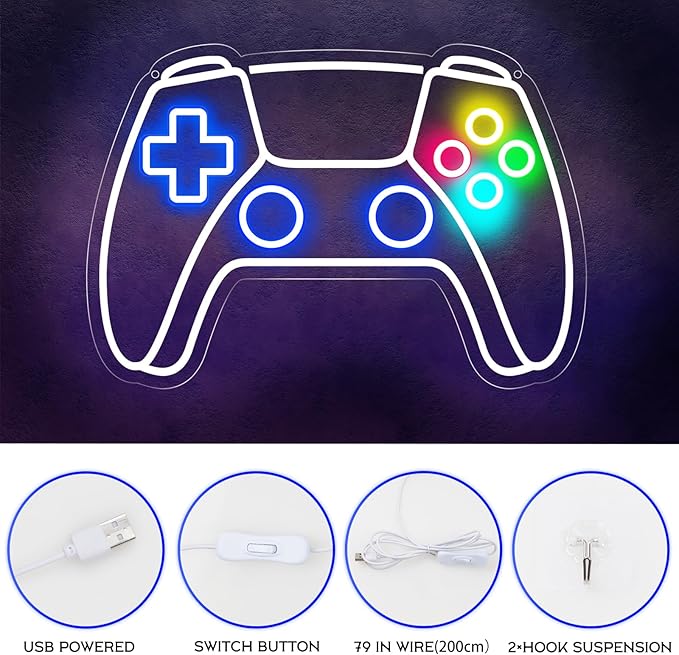 Gamer Neon Sign, Gamepad Shaped LED Neon Sign for Gamer Room Decor, Gaming Neon Sign for Boys Room Decor, Neon Gaming Sign for Gaming Wall Decor, USB Powered Gamer Gifts for Teens, Boys, Kids