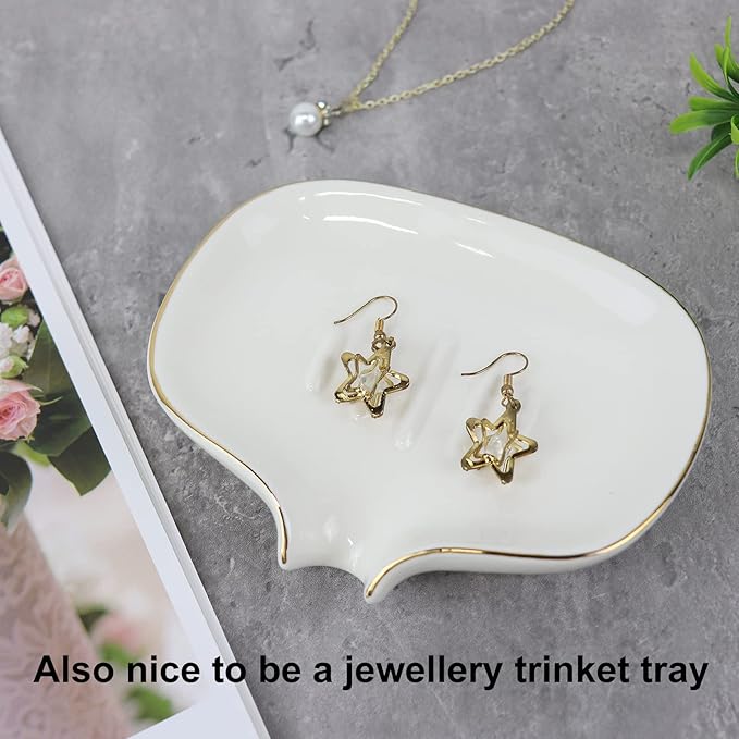 White Soap Dish Ceramic Self Draining Soap Dish Waterfall Slot Gold Edge Bathroom Accessories for Bathroom, Kitchen,Bar Counter