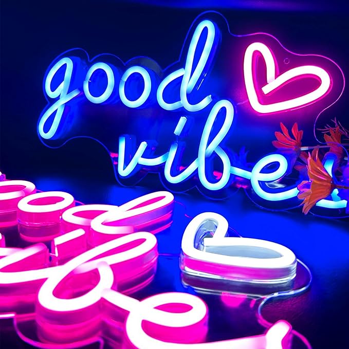 Blue Good Vibes Neon Signs for Wall Decor, Room Decor Aesthetic Good Vibes Neon Light Blue, USB Good Vibes LED Sign for Bedroom, Pink Heart & Good Vibes Light up Sign for Teen Boys Men Cave