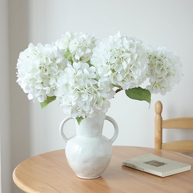 mizii 4Pcs White Artificial Hydrangea Flowers Large Fake Silk Hydrangea Flower with Leaves Stems Realistic Faux Hydrangeas Decorations for Wedding Table Centerpieces Vase Home Decor (White)