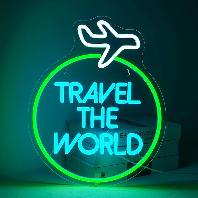 Lucunstar Travel the World Neon Sign Green Neon Lights White LED Sign Airplane Neon Signs for Wall Decor LED Lights Neon Light Sign for Bedroom Bar Man Cave Neon Wall Signs for Teen Neon Rope Light