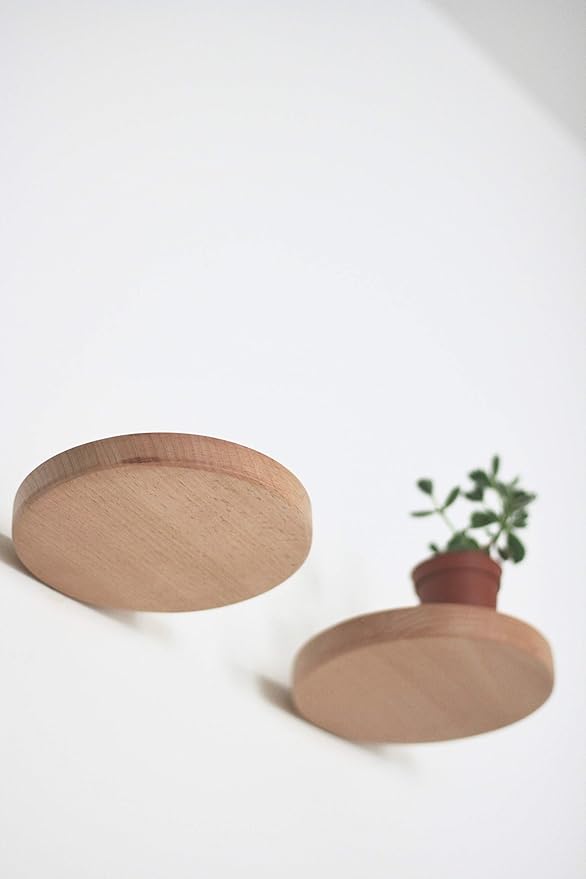 Coracle Floating Shelf Wood Round Wall Mounted Showcase Wall Shelf Hanging Planter Storage Wooden Shelf for Plants Photo Candle Invisible Wall Decoration Design Set of 2 (Diameter Ø5.9 inch)