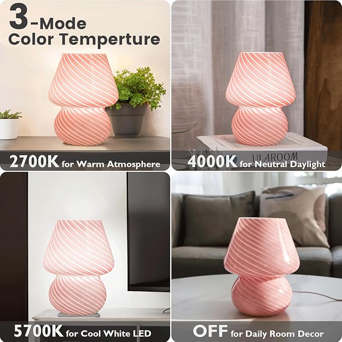 Dorm USB Plug-in Mushroom Lamp Small Bedside Table Lamp with 3 Temperature LED Bulb, Free Dimming Nights Light for Bedroom/Living Room/Entryway/Corner/Table Decor (Stripe Pink)