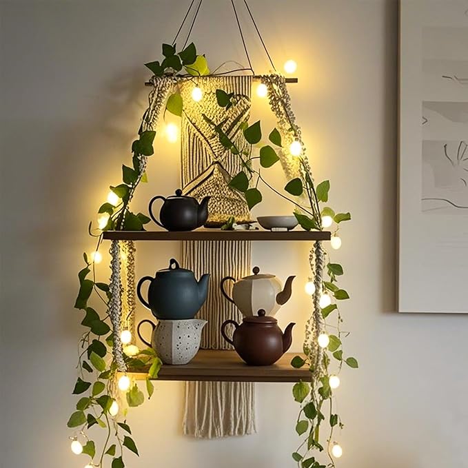 2 Tier Handmade Macrame Shelf, Boho Hanging Shelves, Macrame Wall Hanging Shelf with LED Light and Green Vine, Home Storage Cottage Core Bedroom Decor