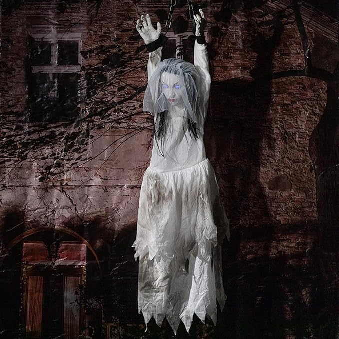 HollyHOME Animated Hanging Bride Ghost Halloween Decor - Glowing Eyes, Creepy Sounds & Shaking Body, Outdoor Scary Haunted House Prop and Yard Decoration 60 Inch