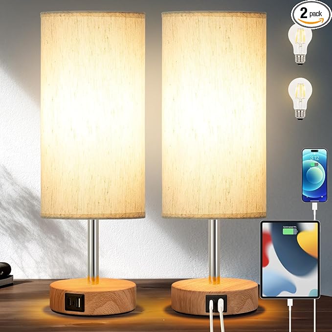 Yarra-Decor Bedside Lamp with USB A+C Charging Ports Set of Two - Touch Control Table Lamp for Wood 3 Way Dimmable Nightstand Lamp with Round Flaxen Fabric Shade (LED Bulb Included) (Y4-2 Pack)